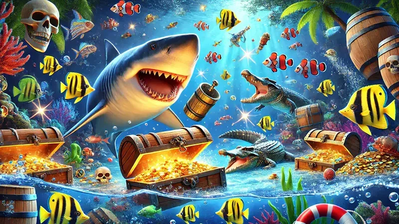 Adegan meriam dan target ikan pada permainan arcade bawah laut
